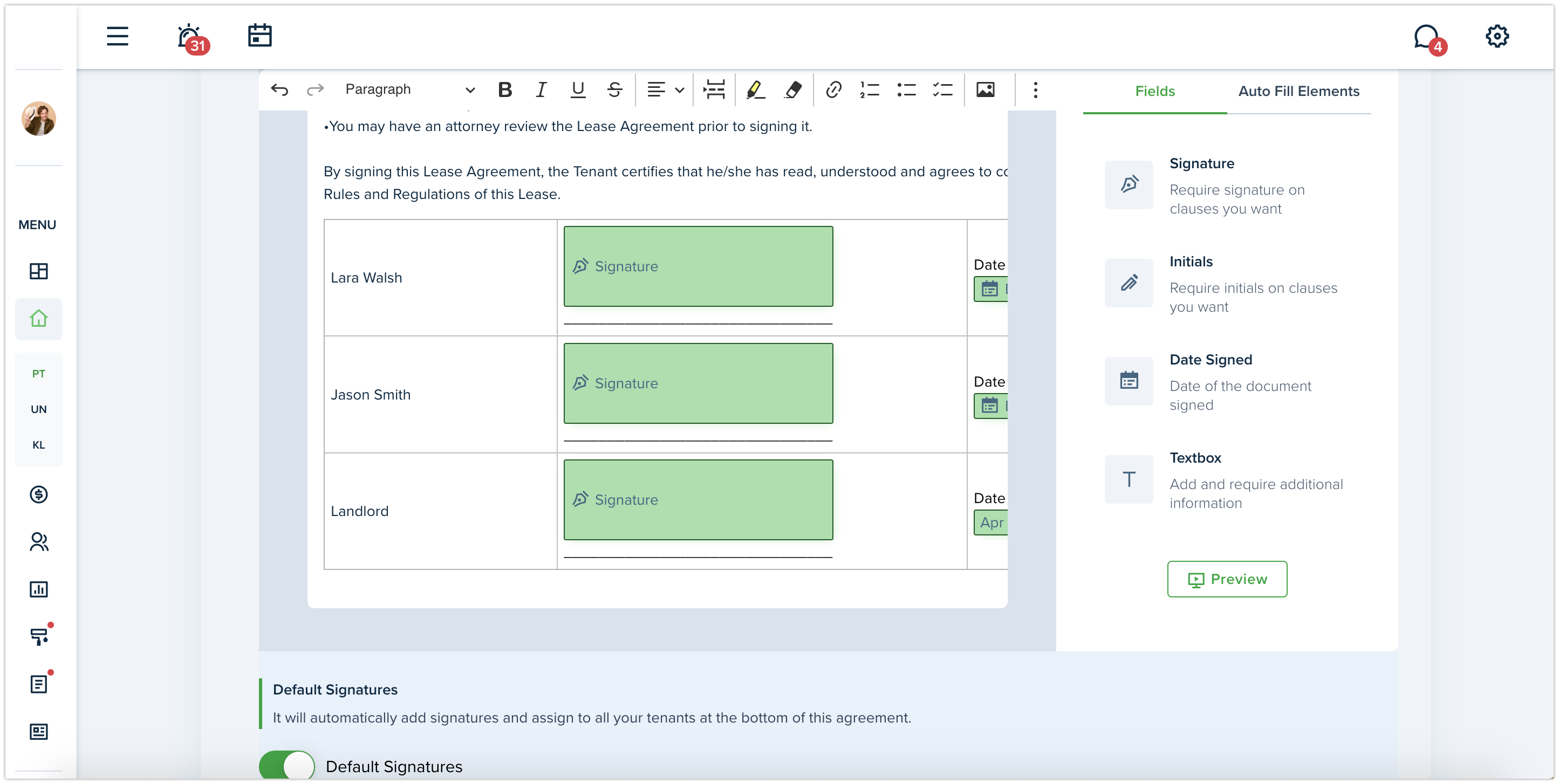 Default signatures on Text editor
