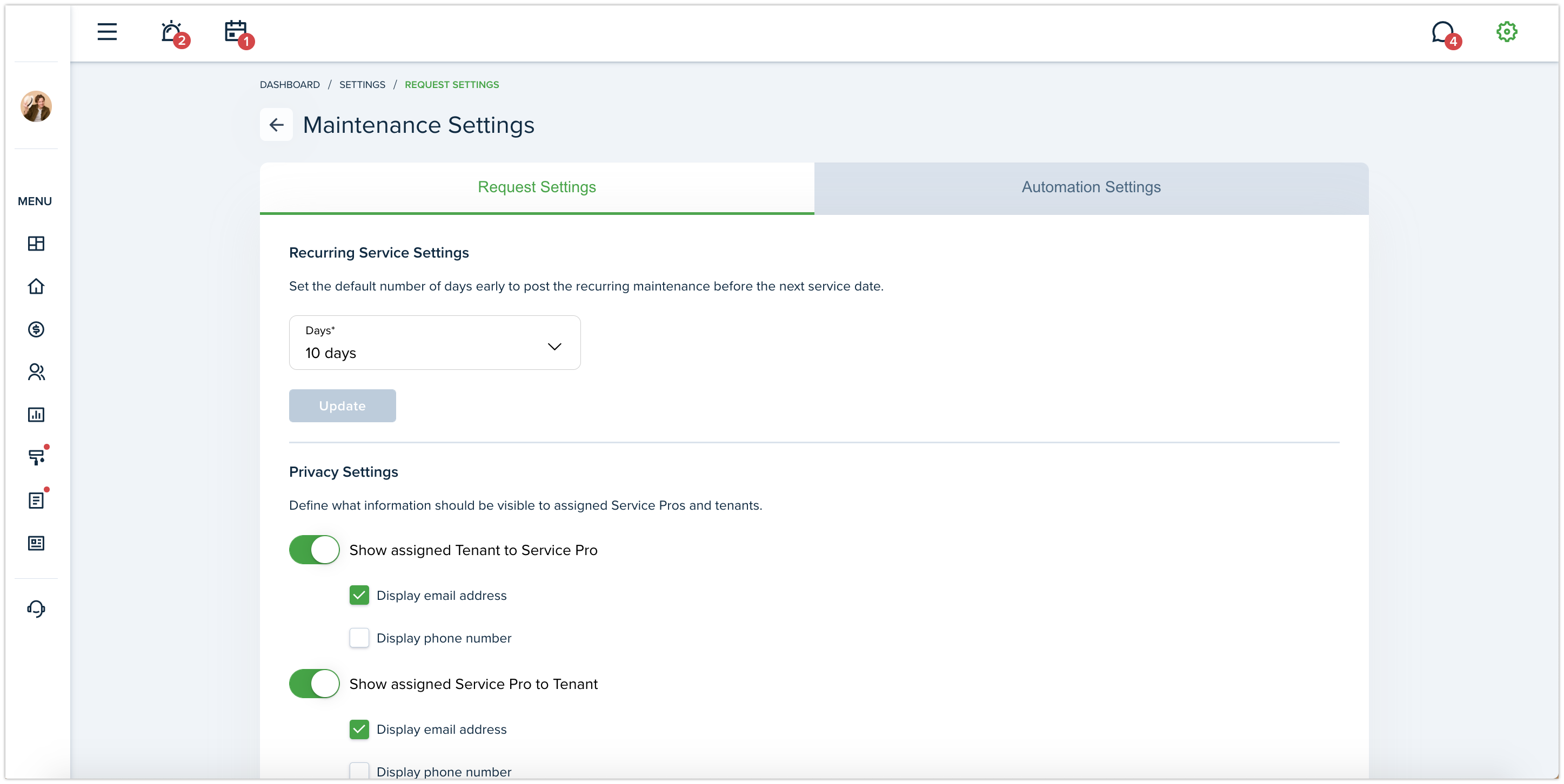 New Maintenance Settings